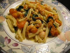 Pasta Langostino with Fresh Zima Tomatoes and Spinach in Olive Oil and White Wine Sauce