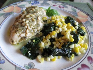 Lime Basil Pesto Chicken with Garlic Butter Kale and Sweet Corn