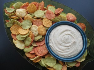 Garlicky Great Northern Pesto Bean Dip with Veggie Chips